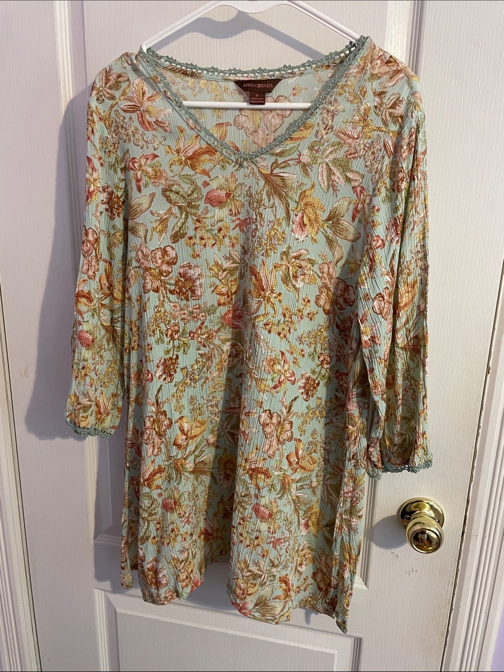 April Cornell Light Sage Floral V-Neck Tunic Dress- Size Medium